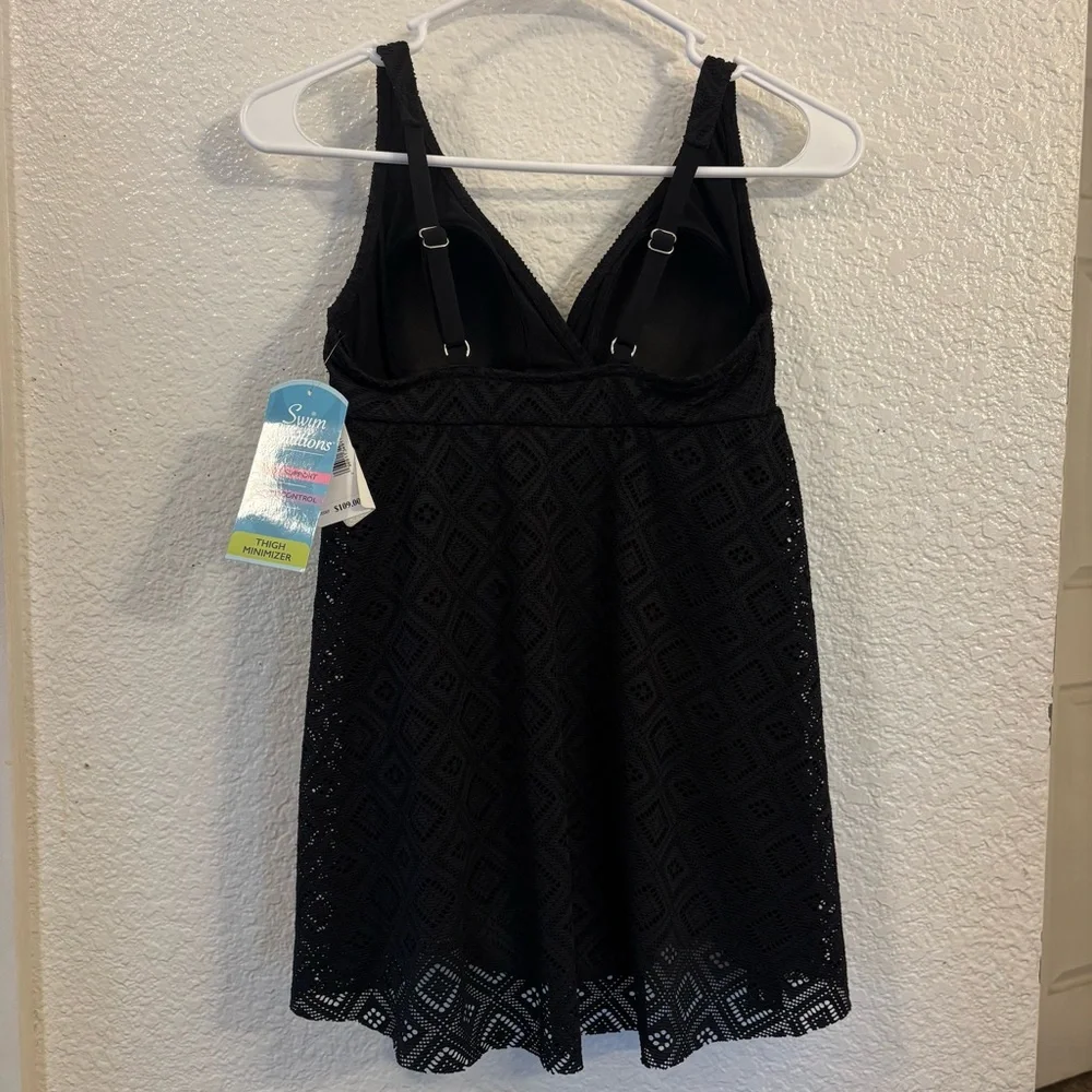 Swim Solutions Black Crochet Flyaway Tummy Control Swimdress Women Size 8 - Picture 7 of 11
